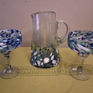 Handcrafted Glass Pitcher and Goblet Set - Blue and Green. Made In Mexico